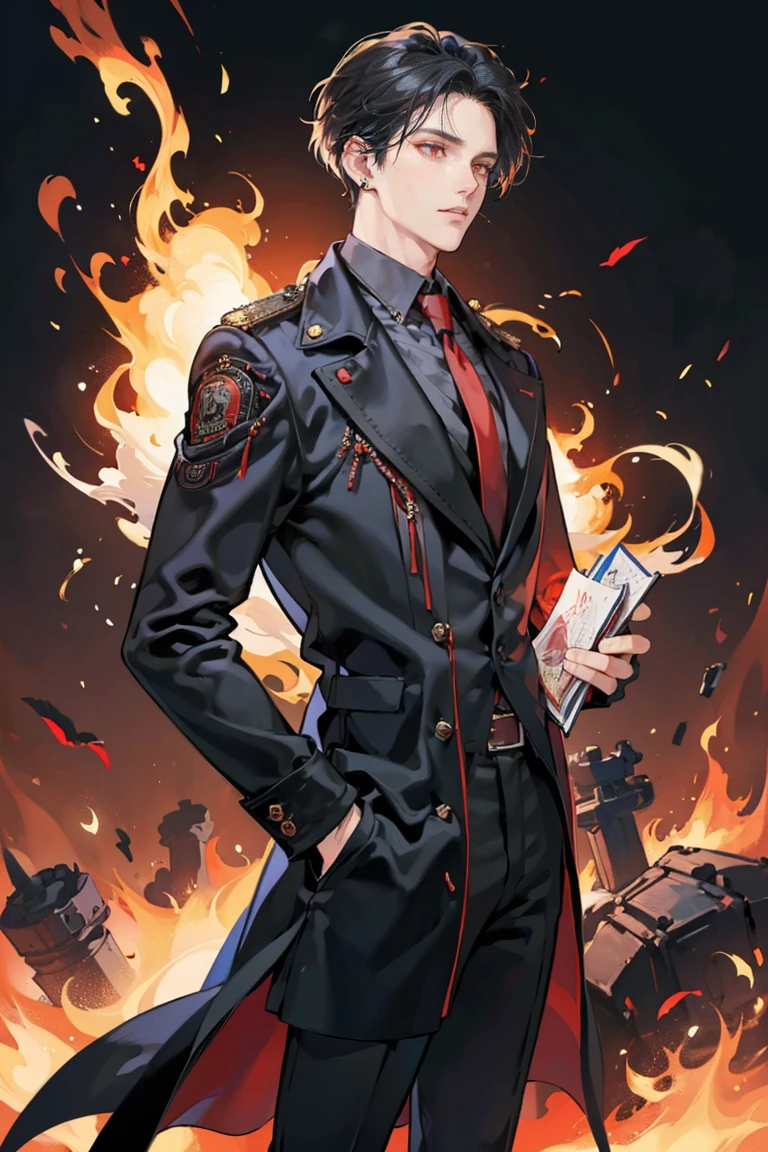 (masterpiece), best quality, seductive eyes, perfect face, handsome man, red eyes, short messy black hair, long nose, black polo, black leather coat, black pants, red necktie, peaked cap, full body, extremely tall man, long legs, long calves, anime cover, 1boy, ear piercings, hands in pockets, adult-like look, bad boy, there's burning flowers in the background and there's fire all over his surroundings, he's looking back at the camera while he's turned around 