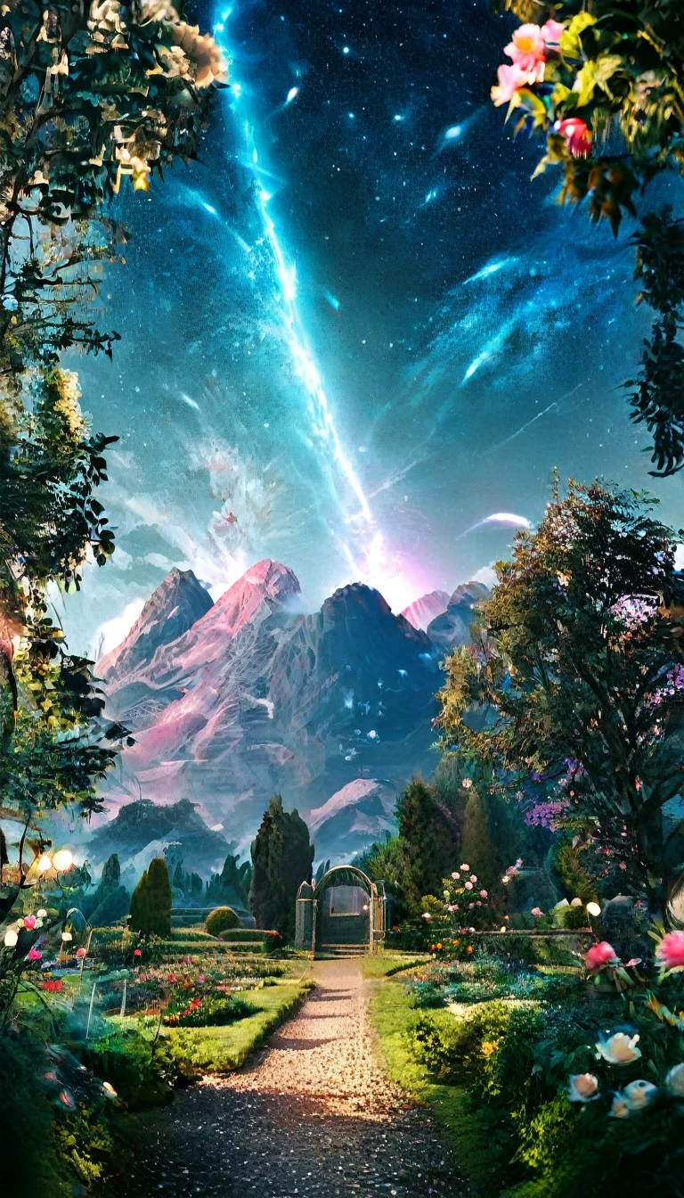 masterpiece, Concept Art, Panorama, in the center, shape, Wide Shot, garden, night, (meteor), Space galaxy background, (Great composition, Epic Scale), Dynamic Lighting, Bright colors, Blue rose,Landscape Long Eyelashes, Round eyes, Silver Hair, Half-closed eyes, sad, Cast a Shadow, Anaglyph, Stereogram, tachi-e, Atmospheric perspective, Wide Shot, reflected light, 8K, Super detailed, Highest quality, Anatomically correct