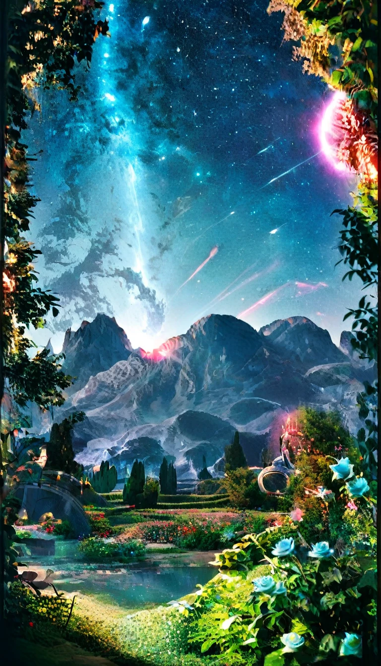 masterpiece, Concept Art, Panorama, in the center, shape, Wide Shot, garden, night, (meteor), Space galaxy background, (Great composition, Epic Scale), Dynamic Lighting, Bright colors, Blue rose,Landscape Long Eyelashes, Round eyes, Silver Hair, Half-closed eyes, sad, Cast a Shadow, Anaglyph, Stereogram, tachi-e, Atmospheric perspective, Wide Shot, reflected light, 8K, Super detailed, Highest quality, Anatomically correct