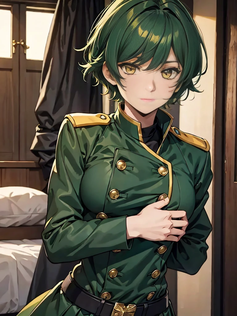 1boy, dark green hair, yellow eyes, double-breasted military jacket, crossdressing, fighter