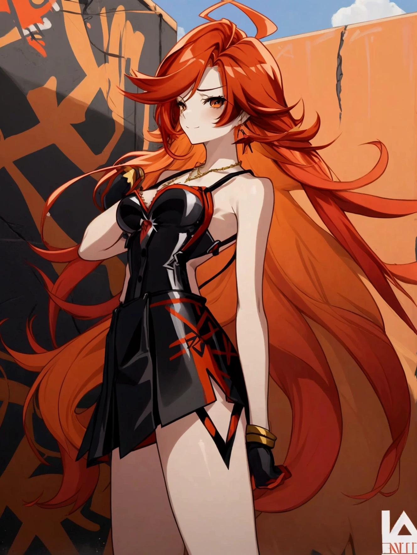 Anime girl with red hair and black suspender skirt in front of graffiti wall, long hair anime girl, She has long reddish-orange hair., Attractive anime girl,Bare arms,Bare arms,Bare legs,Black necklace,Tie-strap skirt