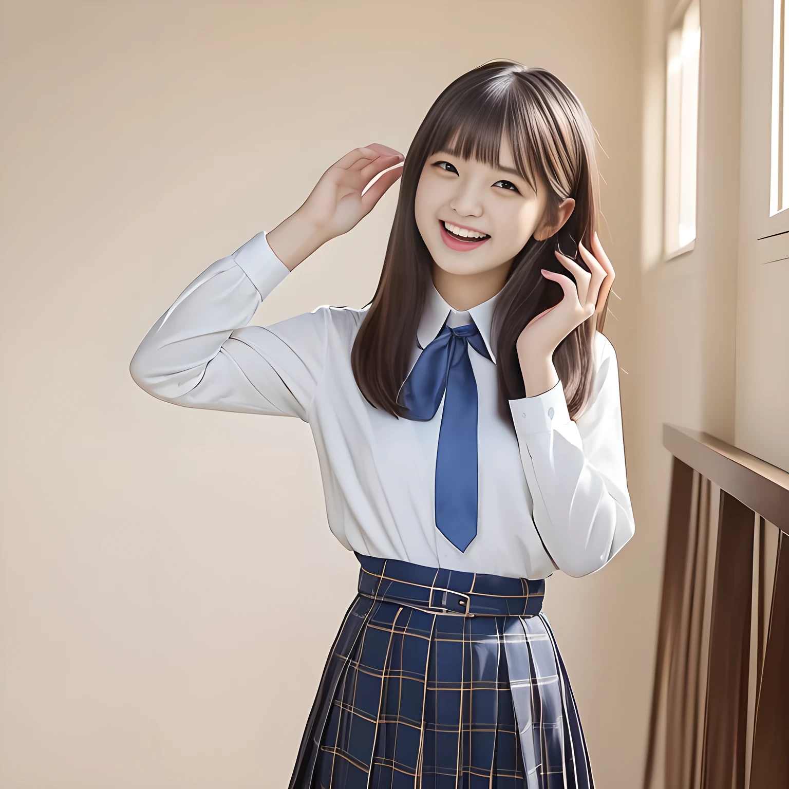 (Highest quality, masterpiece:1.2), Highest quality, High resolution, 1080P, 8K, height: 158cm, ((A noble and intelligent girl who looks like a cute Japanese young lady is giggling while magically hypnotizing the viewer)), ((So sweet, very noble, cute and pretty Japanese beautiful cute girl)), ((A real, very girly, sweet, cute and noble girl)), ((((A ************, smiling beautiful Japanese cute fashion model)))), ((((Very pure white face and limbs)))), Glossy Lips, (Evenly cut bangs), ((Very beautiful, smiling brown, droopy, cute, pure, noble eyes)), ((Super long, straight black hair that reaches the floor)), Very shiny, Glossy Lips, Open hand over open mouth, Beautiful straight hair like a hair model, Watch and laugh at your audience, ((Incredibly well organized, Rich facial expressions. Plump and beautiful white skin and face)), ((Pure, clear, gentle smiling eyes)), ((Smile at me)), Glossy Lips, ((Noble and elegant)), ((As the succubus charms you with her magic and giggles)), ((((Succubus is fascinating、Calling to the depths of eternity)))), Very beautiful blue skirt, ((Large upward-curving lips)), ((Look directly at the viewer)), White Hand, ((Navy Japanese School Blazer, Navy and sapphire blue Japanese school uniform tartan check pattern pleated long skirt, Blue string ribbon tie)), ((((An ecstatic expression of boundless joy)))), ((White background girly line arts))