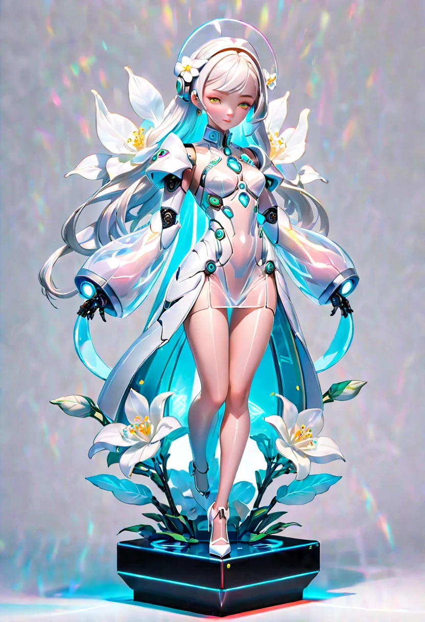 (Blind Box Spielzeug Stil:1.2),full body, solo,white background,(A female robot in a transparent white jasmine dress, wearing gloves and high heels),(Chinese color,Very colorful), Cyberpunk, Dreamy Glow, Luminous neon lamp, 3D