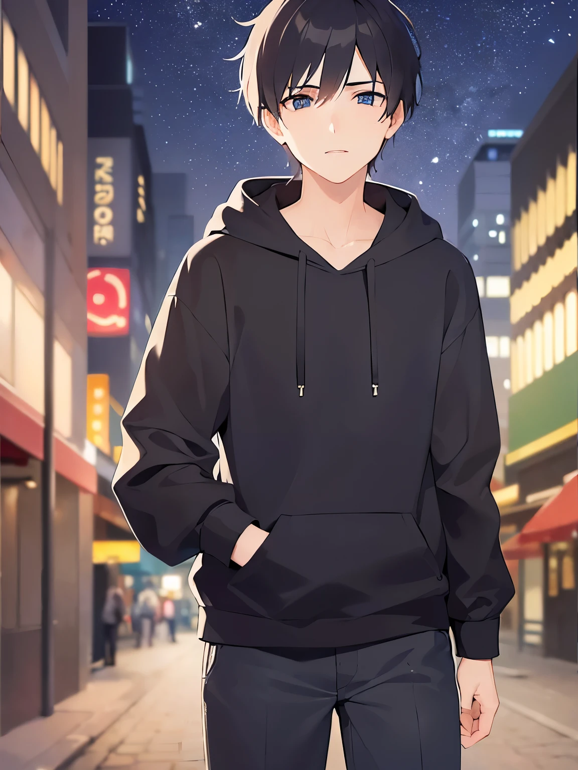 (running:1.5)(25-year-old male:1.5) and (Black short hair) and (blue eyes)、(looking away:1.5),upper body、Side shot、
shiny skin, masterpiece、Highest quality、
black hoodie ,
Night Park、grass、illumination、(Night Sky:1.5)