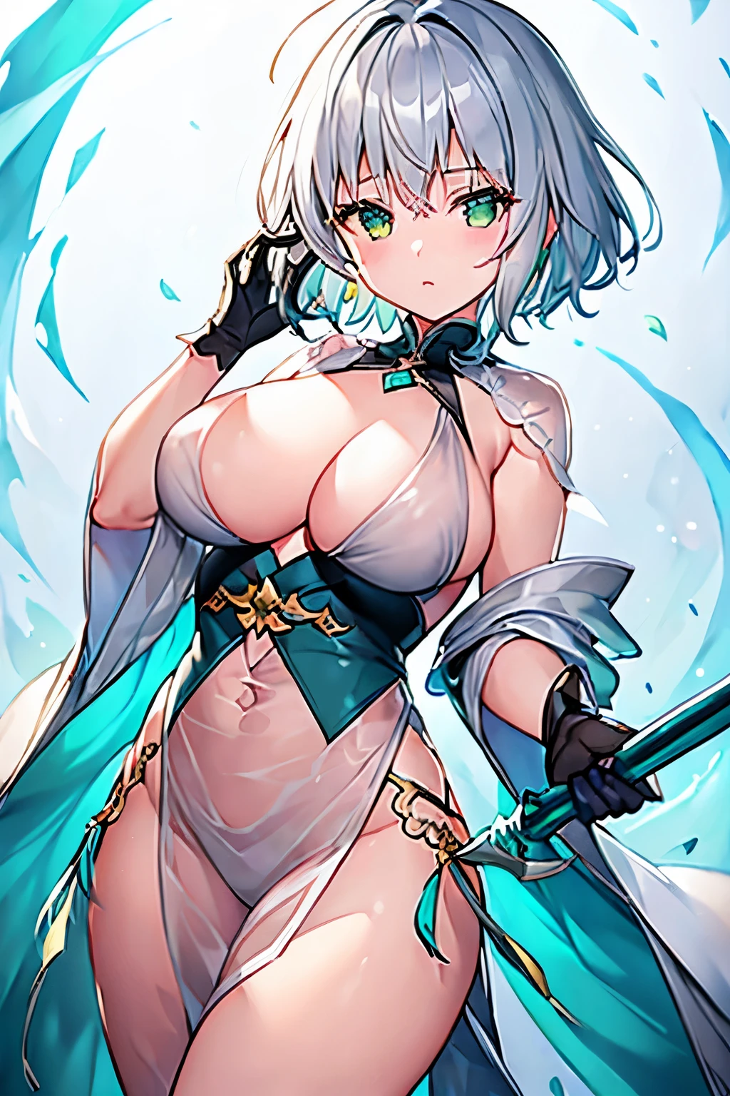 1 girl、Silver short hair、((See-through material、Wizard Robe、Long gloves))、Green and yellow decoration、Chest a little big、Wind Blade、Expose