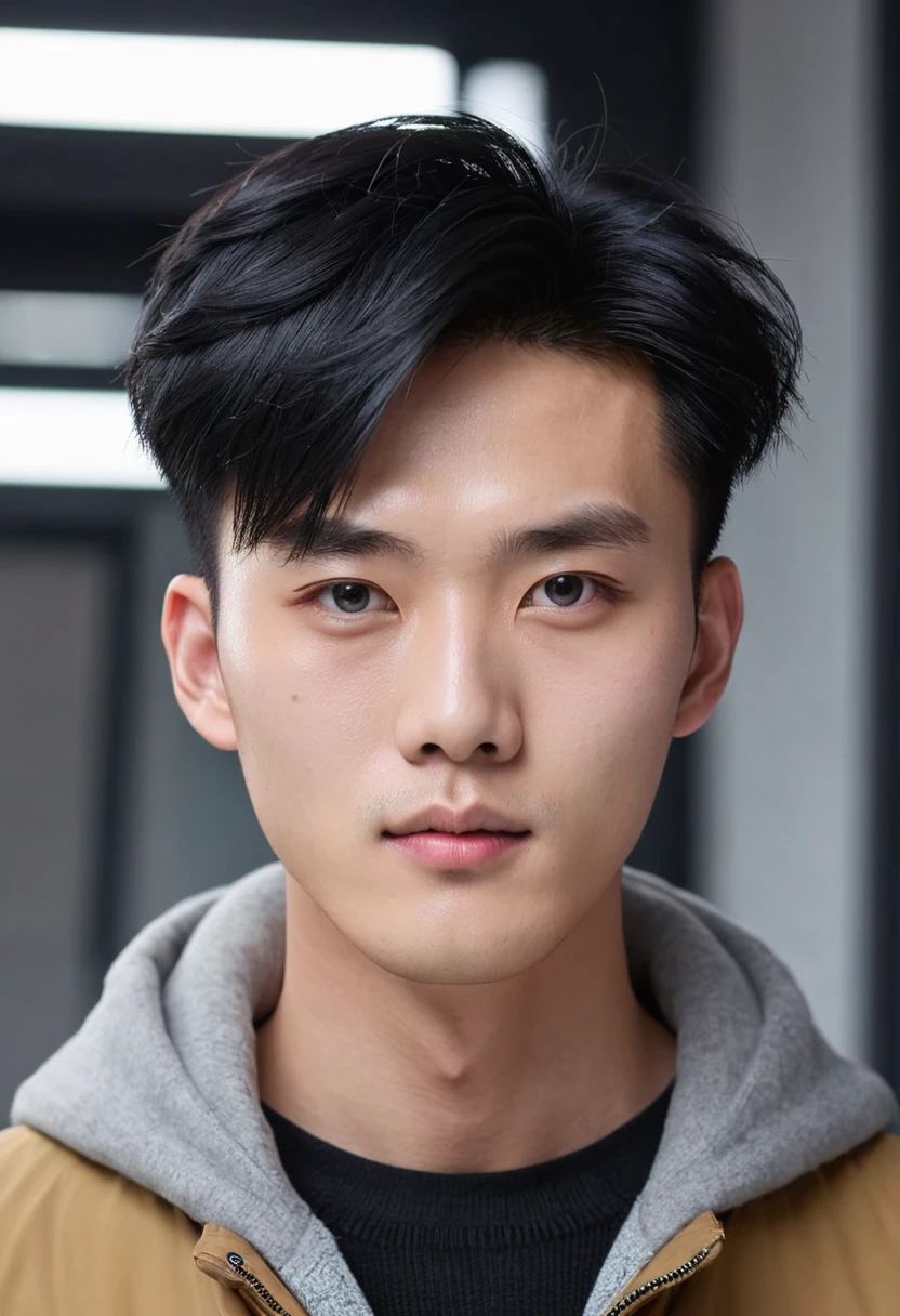 Generate an ultra realistic image of a handsome 20-year-old Chinese man, slim, slim, ectomomhe, asymmetrical face, new, CEO, passionate, serious and extremely cold countenance, CEO clothes, short black hair, face of a 20-year-old man