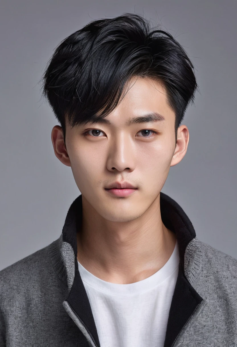 Generate an ultra realistic image of a handsome 20-year-old Chinese man, slim, slim, ectomomhe, asymmetrical face, new, CEO, passionate, serious and extremely cold countenance, CEO clothes, short black hair, face of a 20-year-old man