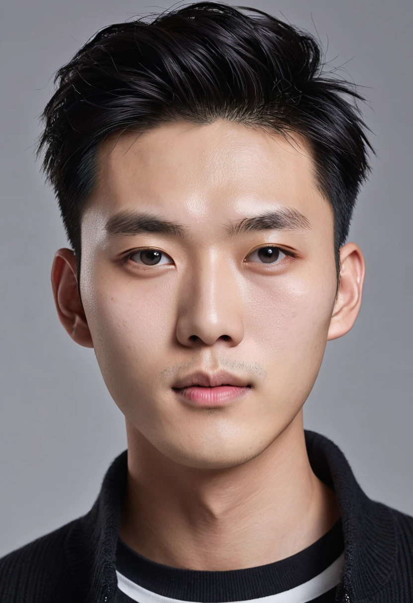 Generate an ultra realistic image of a handsome 20-year-old Chinese man, slim, slim, ectomomhe, asymmetrical face, new, CEO, passionate, serious and extremely cold countenance, CEO clothes, short black hair, face of a 20-year-old man