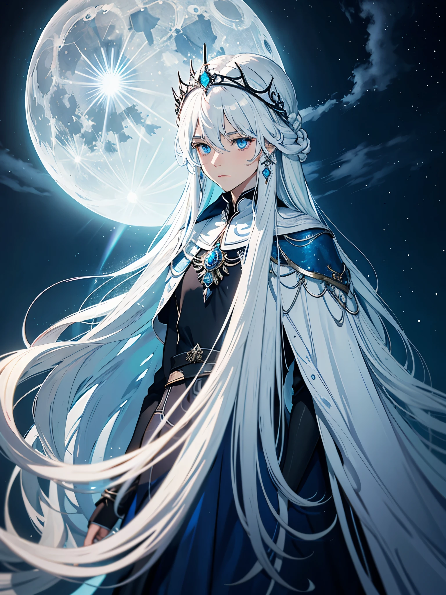 Blue light. Göttlich. Mystisch. Long hair. long white hair. aquatic, boy, Goddess of the Moon, silver hair accessories, White hair, White dress, cape, at night, saturated colors, light eyes, bright, light blue light, blue eyes, Jewelry silver, bluish light, Full moon in the background, aquatic in der Luft rosa kerzen
