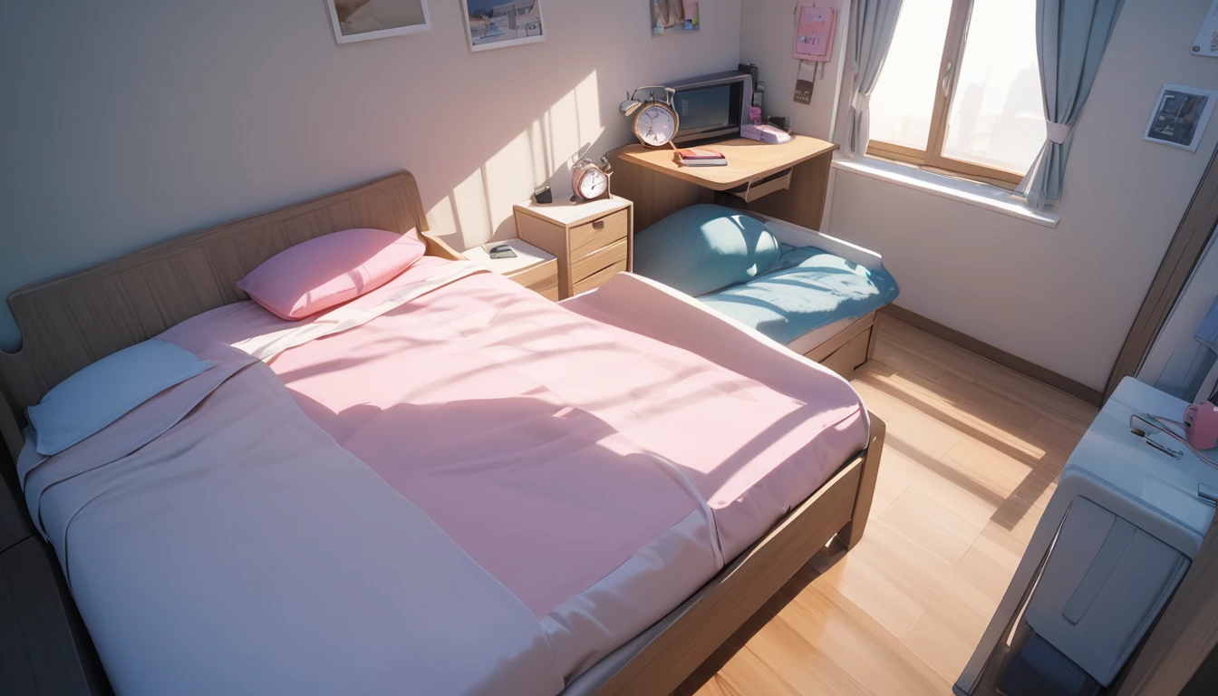 (Alarm Clock),(Best Picture Quality, 8K, Masterpiece:1.3), (High school girl's room), (alarm clock above the bedroom).