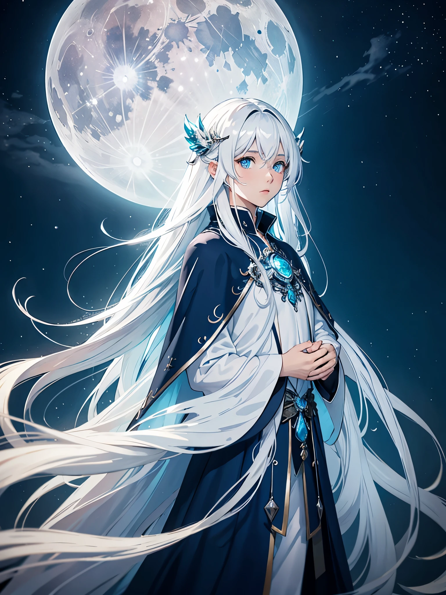 Blue light. Göttlich. Mystisch. Long hair. long white hair. aquatic, boy, Goddess of the Moon, silver hair accessories, White hair, White dress, cape, at night, saturated colors, light eyes, bright, light blue light, blue eyes, Jewelry silver, bluish light, Full moon in the background, aquatic in der Luft rosa kerzen