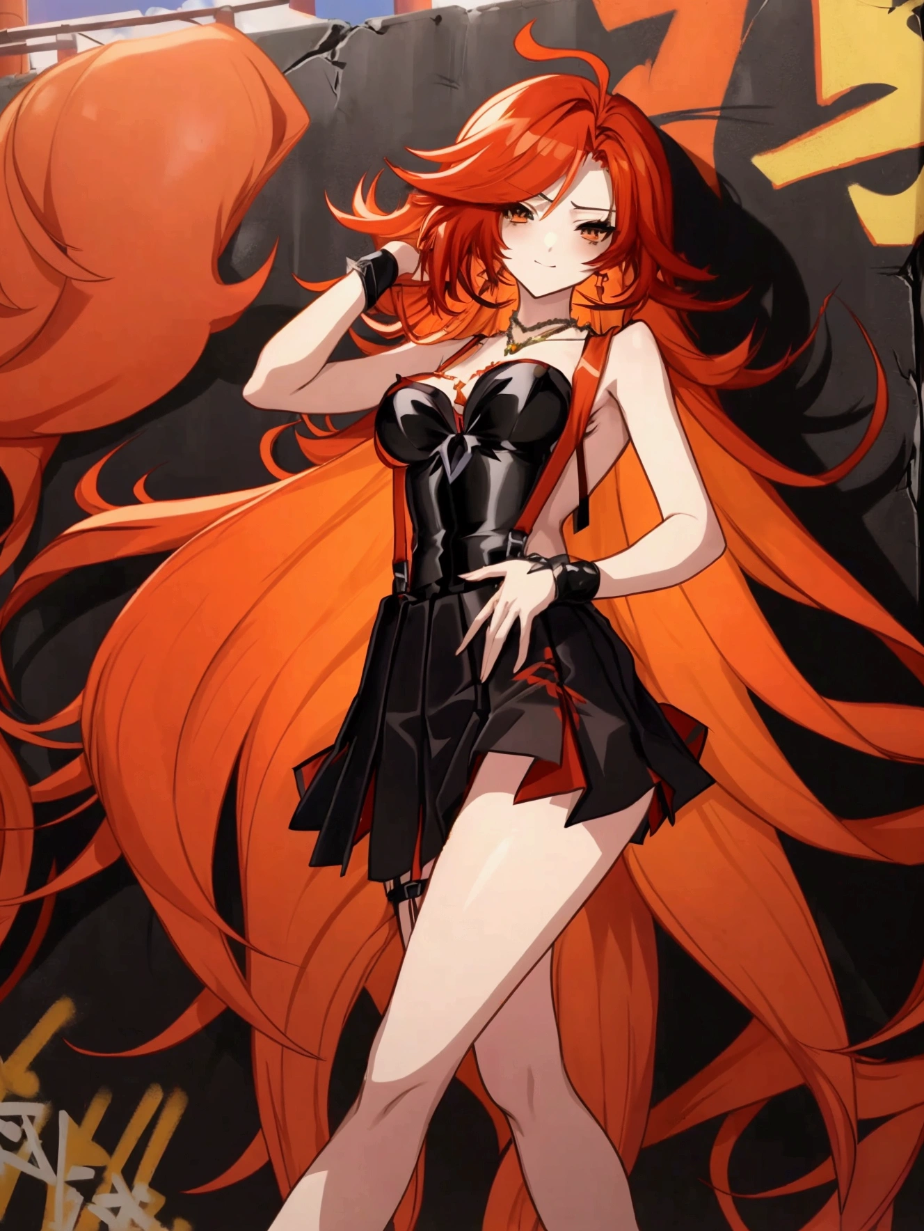 Anime girl with red hair and black suspender skirt in front of graffiti wall, 25 years old,long hair anime girl, She has long reddish-orange hair., Attractive anime girl,Bare arms,Bare arms,Bare legs,Black necklace,Tie-strap skirt
