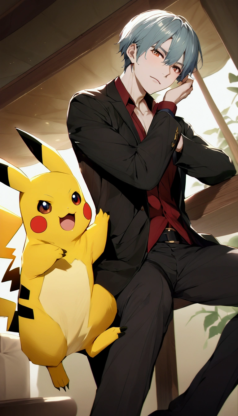 Create an image of Pikachu, Make him an adult、Cute boy and Pikachu、high resolution、beautiful