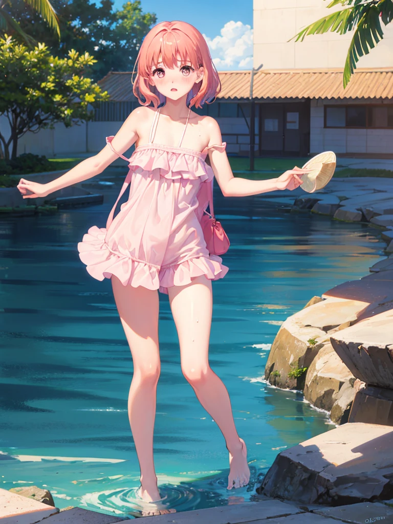 Random patterned swimsuit、Random patterned swimsuit,Swimsuit,Blushing、Medium Hair、Pink Hair、Pale pink eyes　、Head to toe full body、Blushing、Embarrassed look、Composition from the front、A view from slightly below、school swimwear、Acme Face、Random pose、, 、nsfw、Highest quality、1 girl、独奏、Ocean、Sandy Beach、Sexy pose、Random pose、Blushing、wet、Embarrassed、I can see half of my 、、One piece swimsuit、(Strap slip:1.3)、