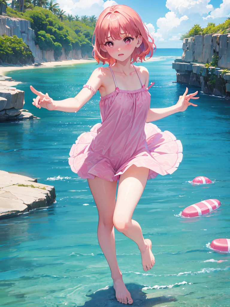 Random patterned swimsuit、Random patterned swimsuit,Swimsuit,Blushing、Medium Hair、Pink Hair、Pale pink eyes　、Head to toe full body、Blushing、Embarrassed look、Composition from the front、A view from slightly below、school swimwear、Acme Face、Random pose、, 、nsfw、Highest quality、1 girl、独奏、Ocean、Sandy Beach、Sexy pose、Random pose、Blushing、wet、Embarrassed、I can see half of my 、、One piece swimsuit、(Strap slip:1.3)、