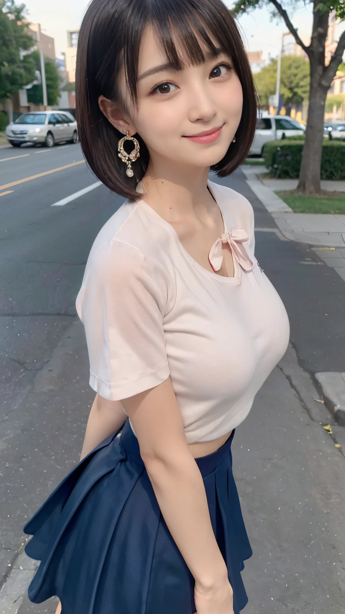 (Surrealism, natural lighting, masterpiece, super detail, anatomically correct), (Random dynamic poses, random sexual poses, smile, Look at camera:1.3), (high school girl uniform), (realistic high school girl, surreal girl, 16 years old, slim waist and large breasts style, short height, younger sister girl, round face, eyebrows downward, short bob cut, black hair, bangs, one earring, lively eyes, light blush, Look at viewers, affectionate cute:1.2)