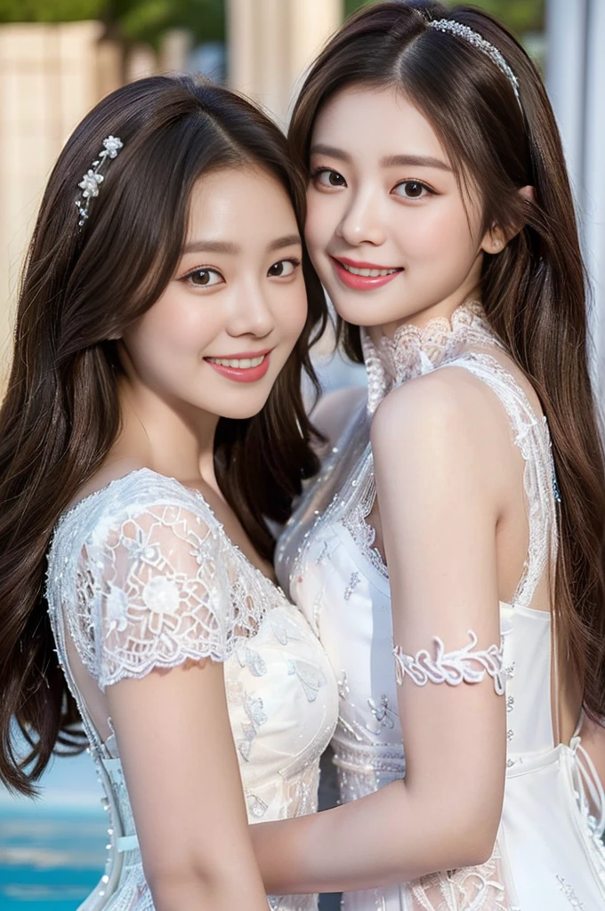 (8K High Quality Masterpiece）、 ((tople brown eyes、Two highlights in the eye、))、( striking beautiful flawless face symmetry) 、A darK-haired、a baby face、((Smile full of love))、Attractive proportions, (((Lace prom dress with white delicate embroidery)))、Different angles（in poolside）、Ignore NSFW、