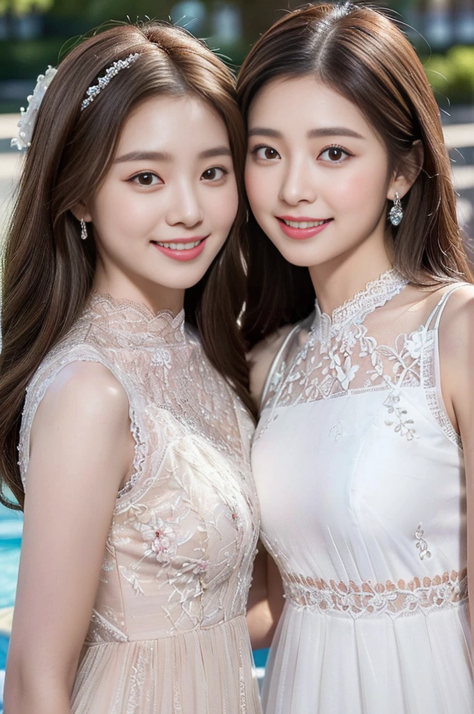 (8K High Quality Masterpiece）、 ((tople brown eyes、Two highlights in the eye、))、( striking beautiful flawless face symmetry) 、A darK-haired、a 、((Smile full of love))、Attractive proportions, (((Lace prom dress with white delicate embroidery)))、Different angles（in poolside）、Ignore NSFW、