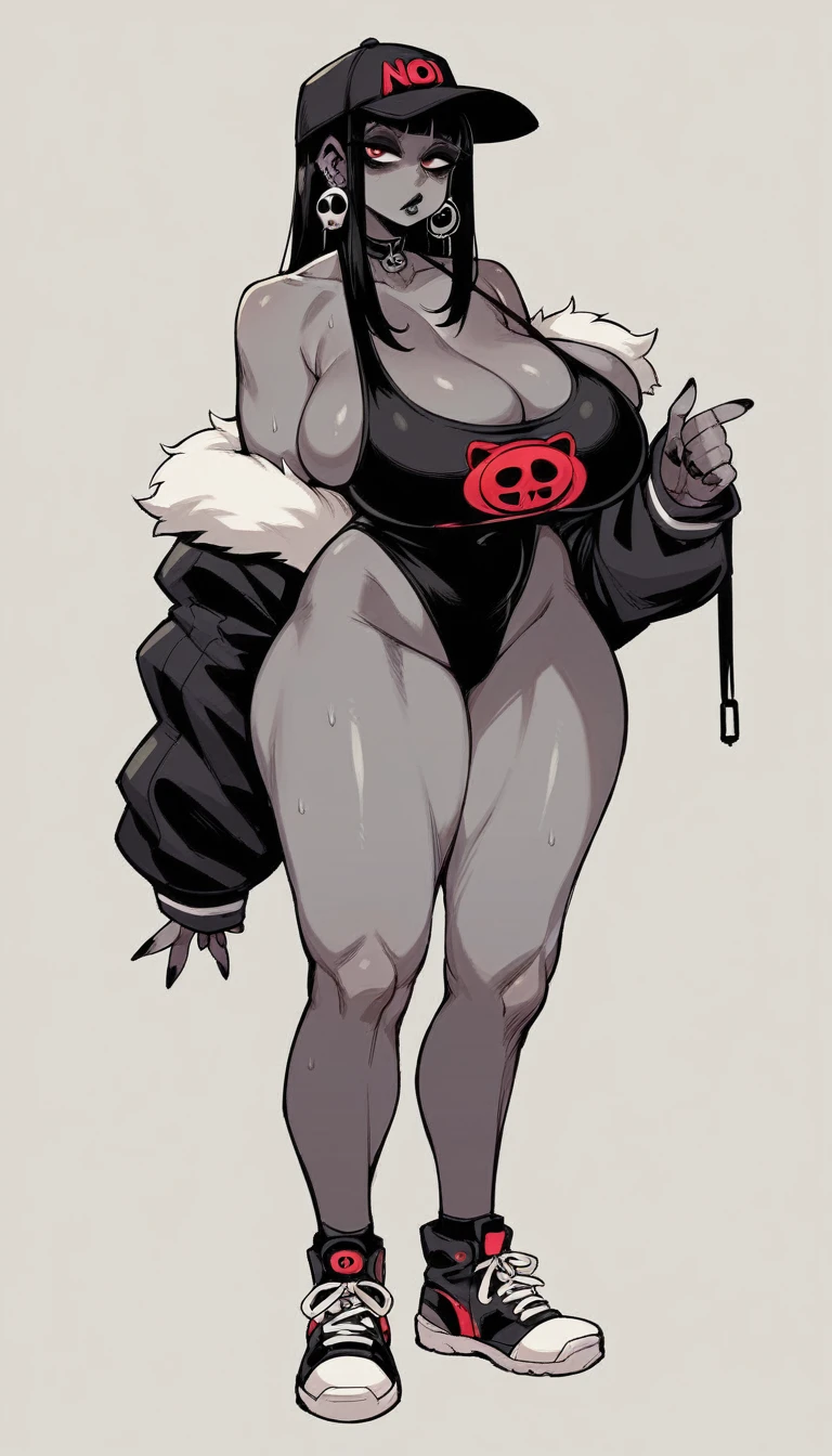 Noir (nod) Very Very Big tits hot breasts big saggy breasts wearing a hot black swimsuit goth skin black full body 