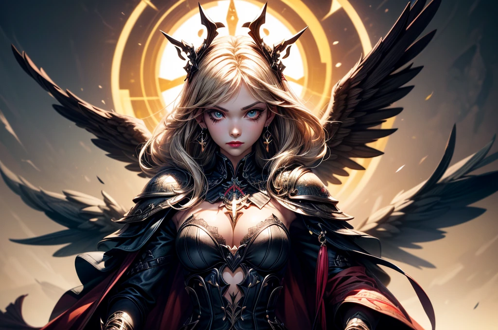 In the middle of the burning battlefield filled with broken swords and dead sodiers stand beatiful female fallen angel with black wings , she have beautiful face her eyes is golden yellow she have dark red lipstick and black eyeshadows she have piersing ring on her lip and cross shaped earrings on her ears her hair golden blond with black highlights with a blood red halo above her head, she dressed in sexy black leather armor with long skirt  and black highheels boots with betal parts  she have mystic symbols tattoo on her shouders, in her hand she holding long spear, (ultra high quality fantasy art, ghothic dark fantasy style, masterpiece, ultra high quality character design, 8k quality anime art, realistic anime art, top quality wallpaper illustration, detailed ultra high quality accurate face, high quality design and accurate physic)