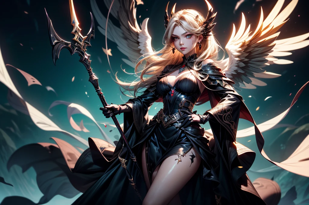 In the middle of the burning battlefield filled with broken swords and dead sodiers stand beatiful female fallen angel with black wings , she have beautiful face her eyes is golden yellow she have dark red lipstick and black eyeshadows she have piersing ring on her lip and cross shaped earrings on her ears her hair golden blond with black highlights with a blood red halo above her head, she dressed in sexy black leather armor with long skirt and black highheels boots with betal parts she have mystic symbols tattoo on her shouders, in her hand she holding long spear, (ultra high quality fantasy art, ghothic dark fantasy style, masterpiece, ultra high quality character design, 8k quality anime art, realistic anime art, top quality wallpaper illustration, detailed ultra high quality accurate face, high quality design and accurate physic)