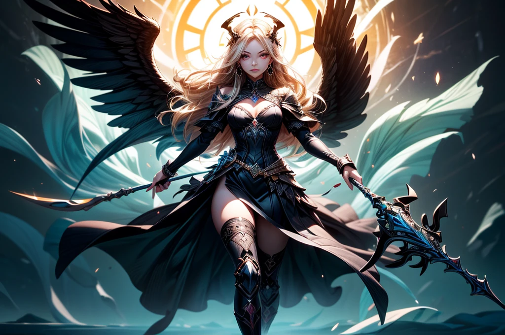 In the middle of the burning battlefield filled with broken swords and dead sodiers stand beatiful female fallen angel with black wings , she have beautiful face her eyes is golden yellow she have dark red lipstick and black eyeshadows she have piersing ring on her lip and cross shaped earrings on her ears her hair golden blond with black highlights with a blood red halo above her head, she dressed in sexy black leather armor with long skirt and black highheels boots with betal parts she have mystic symbols tattoo on her shouders, in her hand she holding long spear, (ultra high quality fantasy art, ghothic dark fantasy style, masterpiece, ultra high quality character design, 8k quality anime art, realistic anime art, top quality wallpaper illustration, detailed ultra high quality accurate face, high quality design and accurate physic)