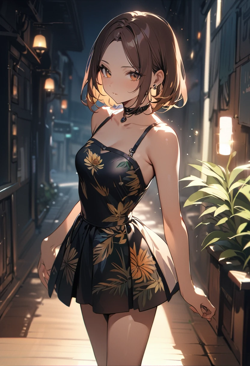 1 girl, bob, center part, forehead, brown hair, piercing, brown eyes, expressionless, model posing,
BREAK (masterpiece), (high resolution 8K), cinematic lighting, professional lighting, detailed eyes and face, detailed body,
BREAK botanical printed dress, choker, bare arms, bare shoulders, skirt
