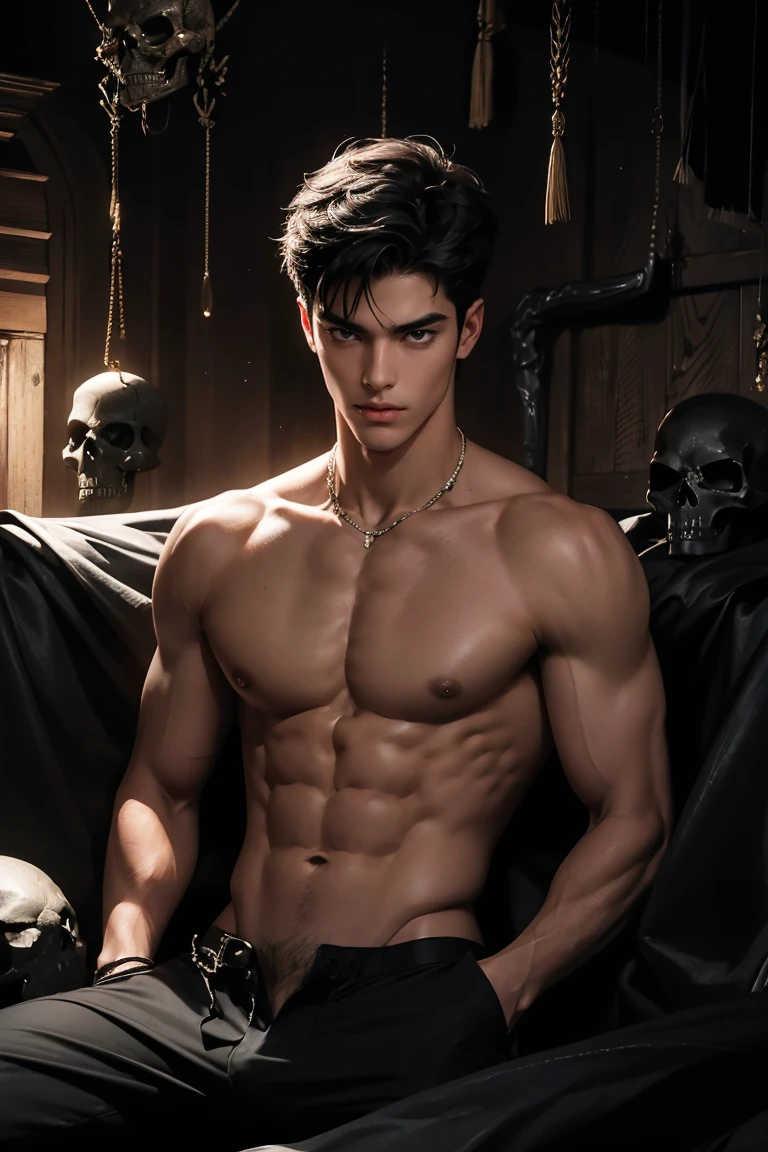 male, 20 years old, handsome, black hair, good body, tan skin, bare chest ABS outlines his breasts, six pack, wearing a black skull in genetials, looks almost naked, lying in a giant spider's nest, body surrounded by spiders , in a dark old room.