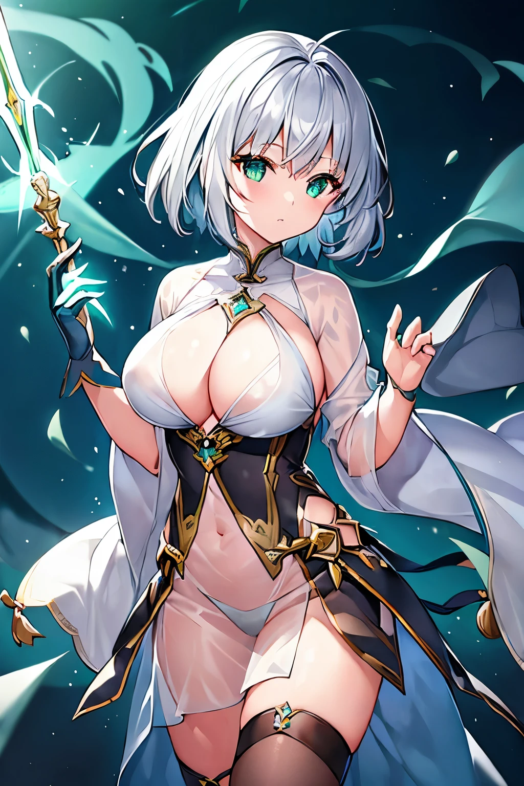 1 girl、Silver short hair、((See-through material、Wizard Robe、Long gloves))、Green and yellow decoration、Chest a little big、Wind Blade、Expose