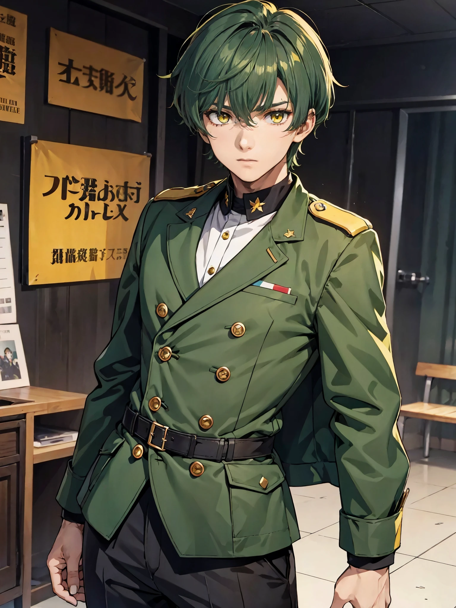 1boy, dark green hair, yellow eyes, double-breasted military jacket, crossdressing, fighter