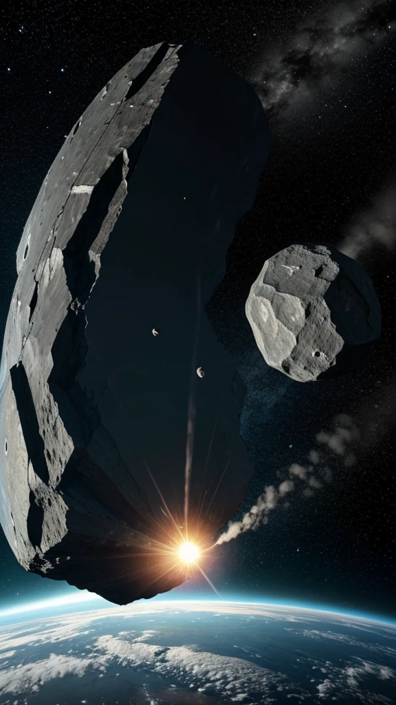 An animated sequence or realistic image of an asteroid hurtling toward Earth.