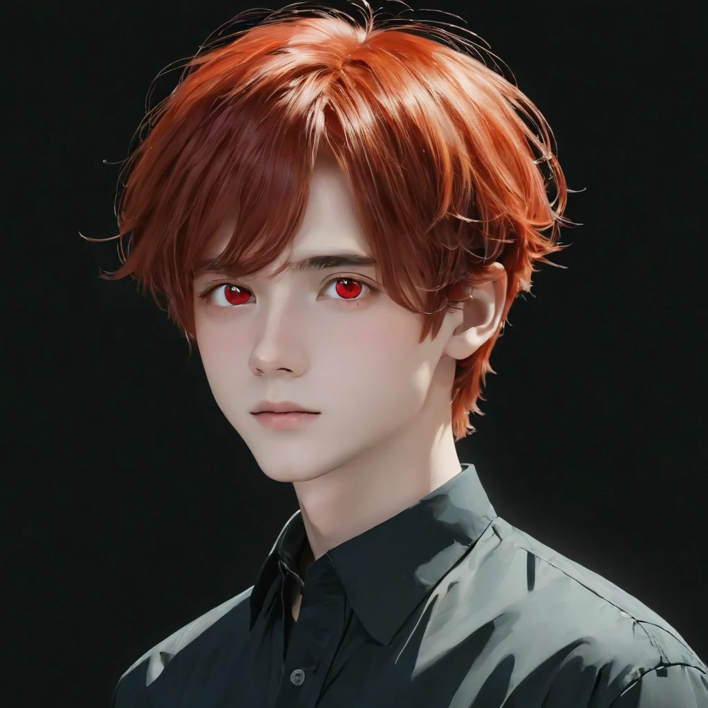 best quality, masterpiece, solo, 1boy, red hair, shirt, red eyes, black beckground, full faces