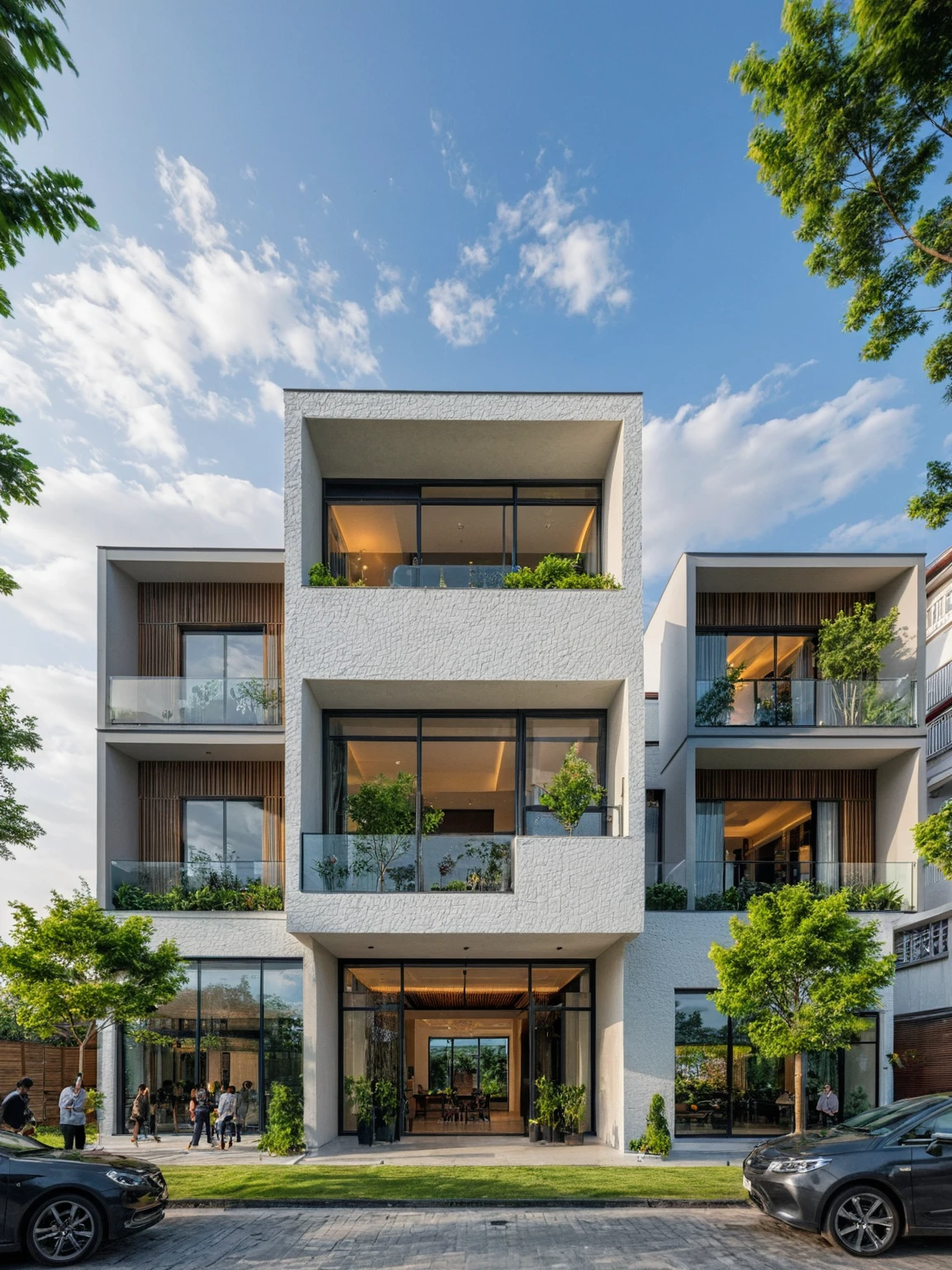 Masterpiece, high quality, best quality, authentic, super detail, outdoors, onestoreyvillaXL, aiaigroup, house style modern on the street ,stairs, white wall ,road,pavement, grass, trees, sky, cloud, (daylight:1.1)