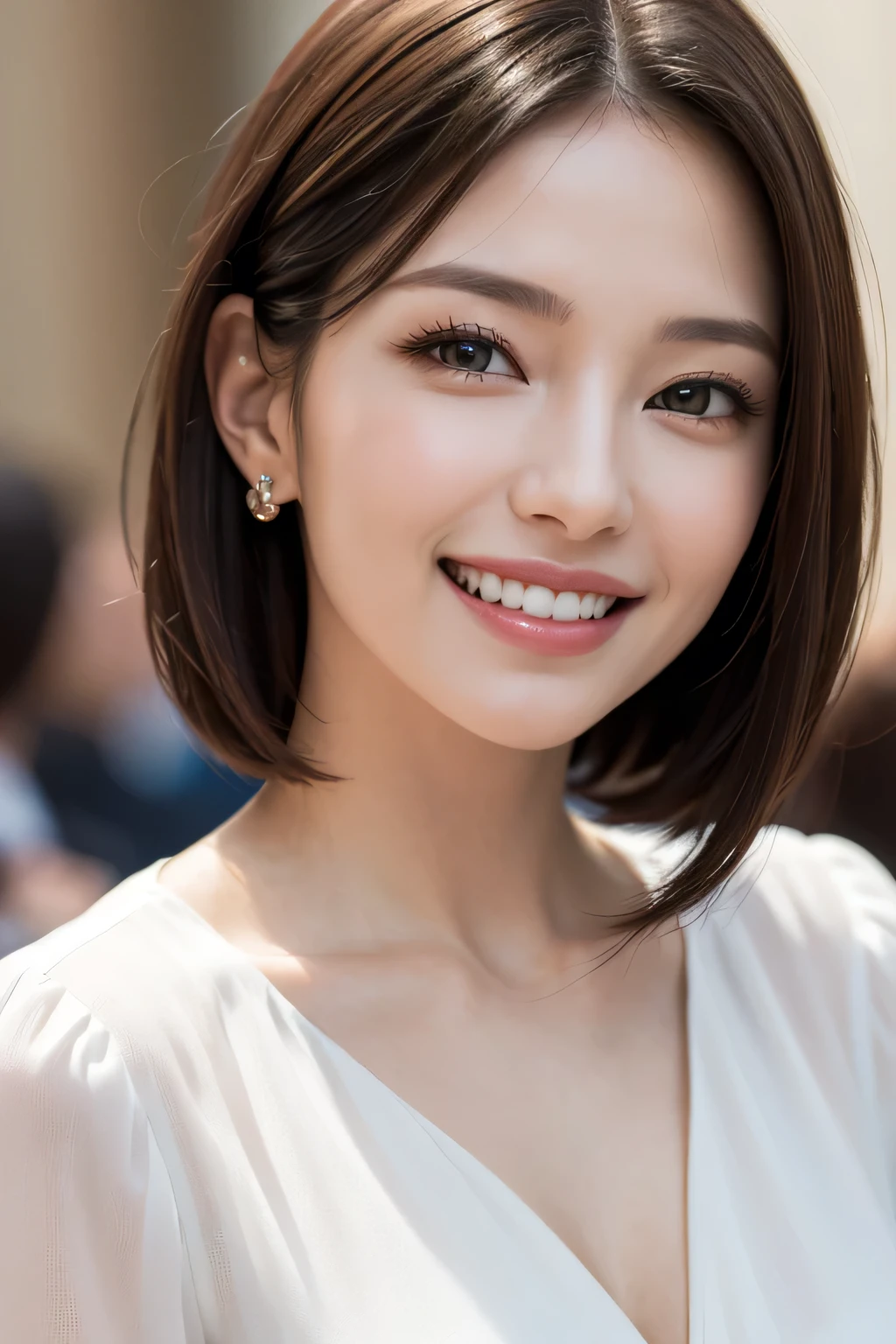 ((masterpiece)), ((Highest quality)), ((Complex)), ((Surreal)), (Realistic), (Mature Woman), ((There are no classes)), Very detailed, (1 female), Beautiful and exquisite, (Beautiful Teeth), Grin, Brunette Bob Hair, Brown eyes, ((blouse)), (Upper Body), (background:none), Perfect Eyes, Captivating eyes, Looking at the audience
