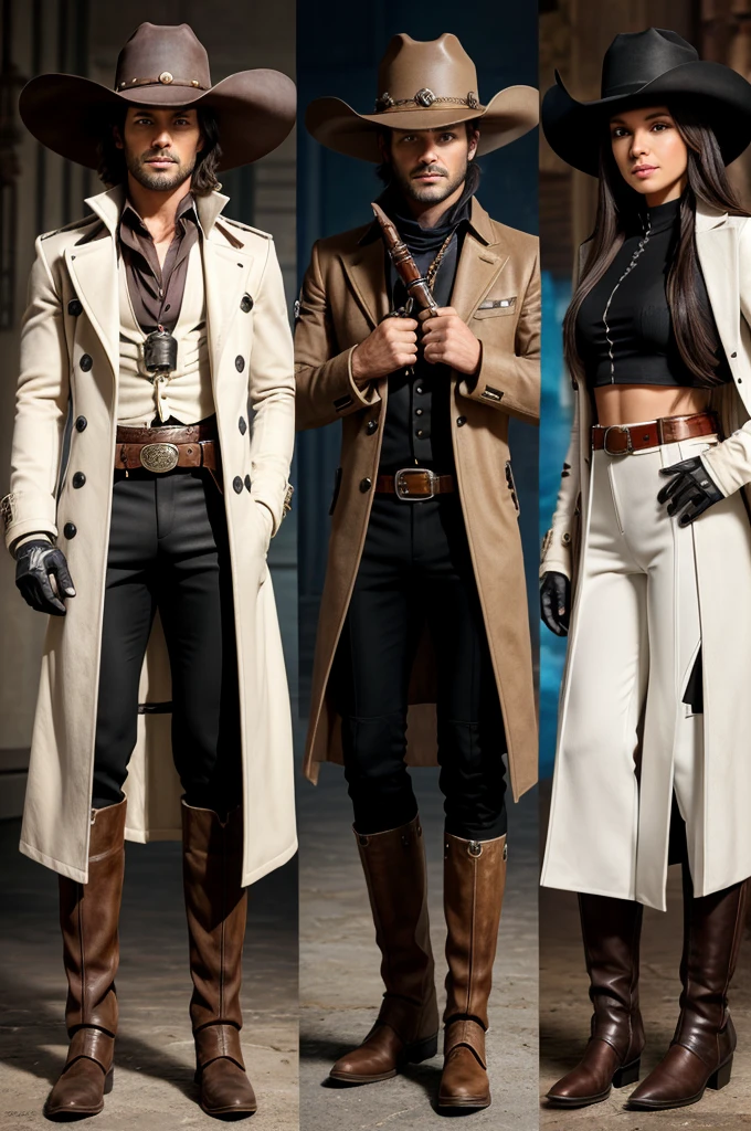 Three views showing a character in a futuristic, Western-inspired outfit. The character wears a white and brown long coat with black pants and knee pads. Accessories include a wide-brimmed hat, gloves, and a belt. The character's attire suggests a blend of cowboy and high-tech elements. With a magical wand in his hand. He is little bigger in size.