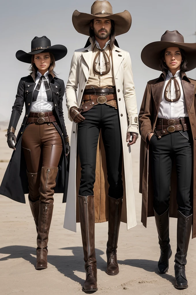 Three views showing a character in a futuristic, Western-inspired outfit. The character wears a white and brown long coat with black pants and knee pads. Accessories include a wide-brimmed hat, gloves, and a belt. The character's attire suggests a blend of cowboy and high-tech elements. With a magical wand in his hand. He is little bigger in size.
