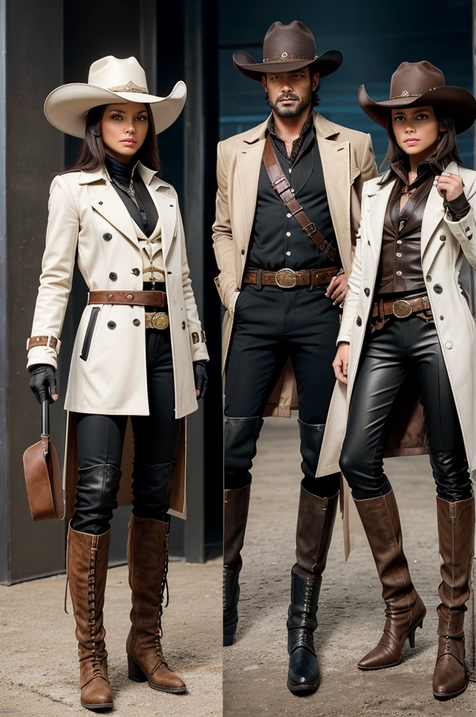 Three views showing a character in a futuristic, Western-inspired outfit. The character wears a white and brown long coat with black pants and knee pads. Accessories include a wide-brimmed hat, gloves, and a belt. The character's attire suggests a blend of cowboy and high-tech elements. With a magical wand in his hand. He is little bigger in size.