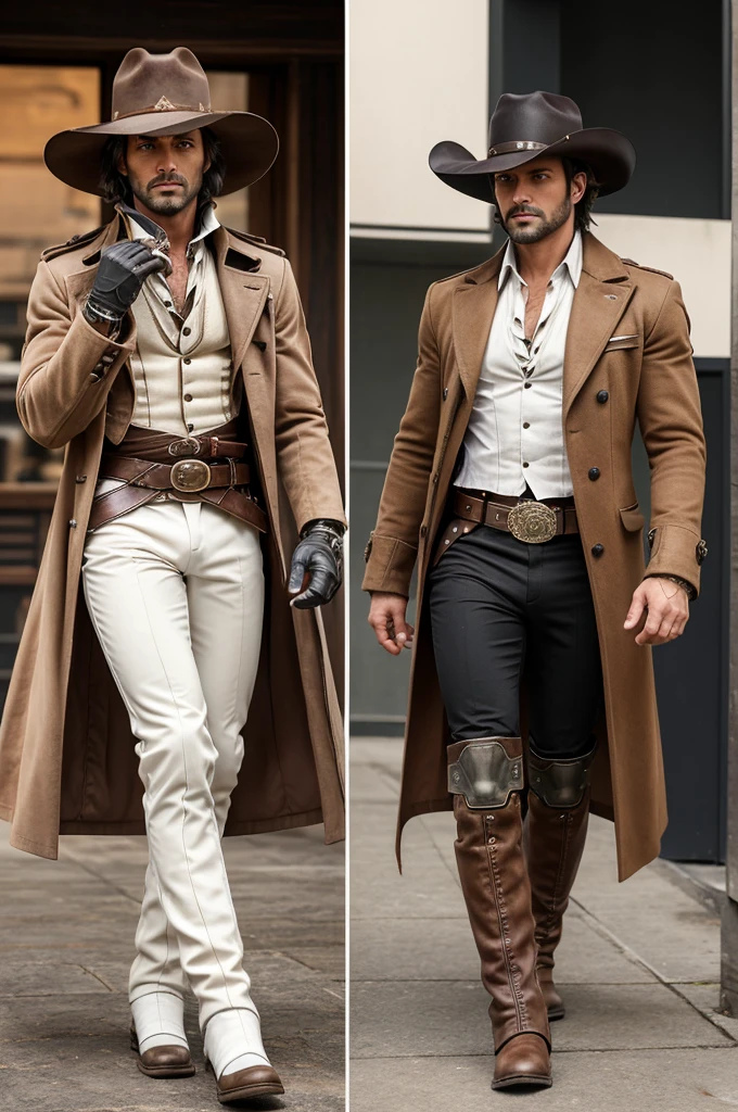Three views showing a character in a futuristic, Western-inspired outfit. The character wears a white and brown long coat with black pants and knee pads. Accessories include a wide-brimmed hat, gloves, and a belt. The character's attire suggests a blend of cowboy and high-tech elements. With a magical wand in his hand. He is little bigger in size.
