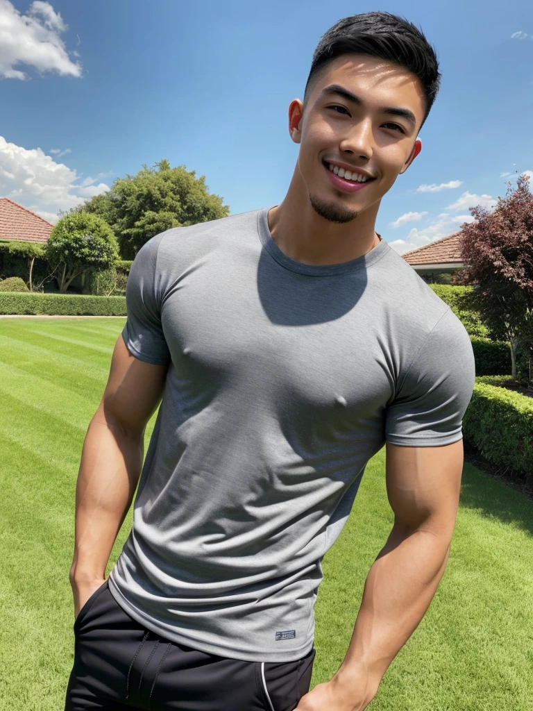Tony Labrusca, (As a matter of fact, Masterpiece, 8k HD, good light quality, sportswear, fit the face, complicated details), A handsome, muscular young Korean man. , 20 years old, be happy, smile brightly, detailed face, delicate eyes, มองดูsky, Wearing a tight gray t-shirt, period, black eyes, Black hair color, ผมsmooth, smooth, outdoor sports, Along the garden, Sunny,sky,Surreal,Awesome details,Highest quality,real,