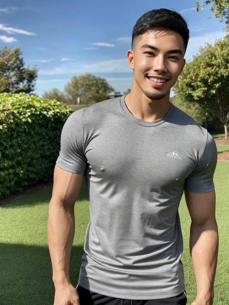 Tony Labrusca, (As a matter of fact, Masterpiece, 8k HD, good light quality, sportswear, fit the face, complicated details), A handsome, muscular young Korean man. , 20 years old, be happy, smile brightly, detailed face, delicate eyes, มองดูsky, Wearing a tight gray t-shirt, period, black eyes, Black hair color, ผมsmooth, smooth, outdoor sports, Along the garden, Sunny,sky，Surreal，Awesome details，Highest quality，real，