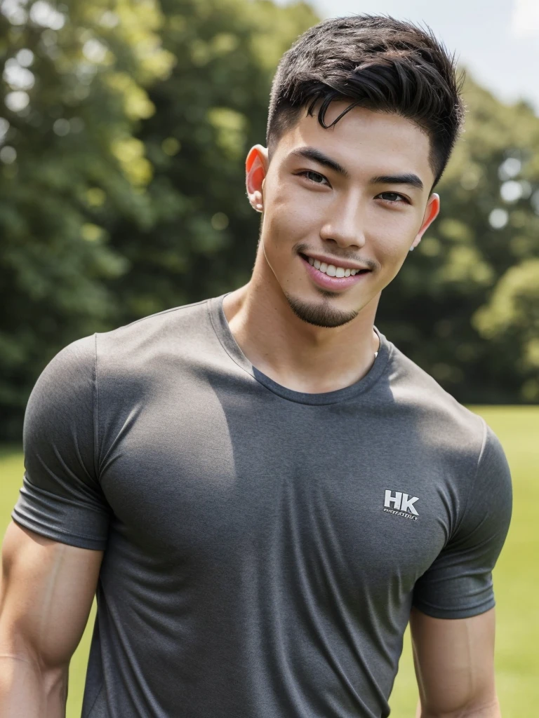 Tony Labrusca, (As a matter of fact, Masterpiece, 8k HD, good light quality, sportswear, fit the face, complicated details), A handsome, muscular young Korean man. , 20 years old, be happy, smile brightly, detailed face, delicate eyes, มองดูsky, Wearing a tight gray t-shirt, period, black eyes, Black hair color, ผมsmooth, smooth, outdoor sports, Along the garden, Sunny,sky,Surreal,Awesome details,Highest quality,real,