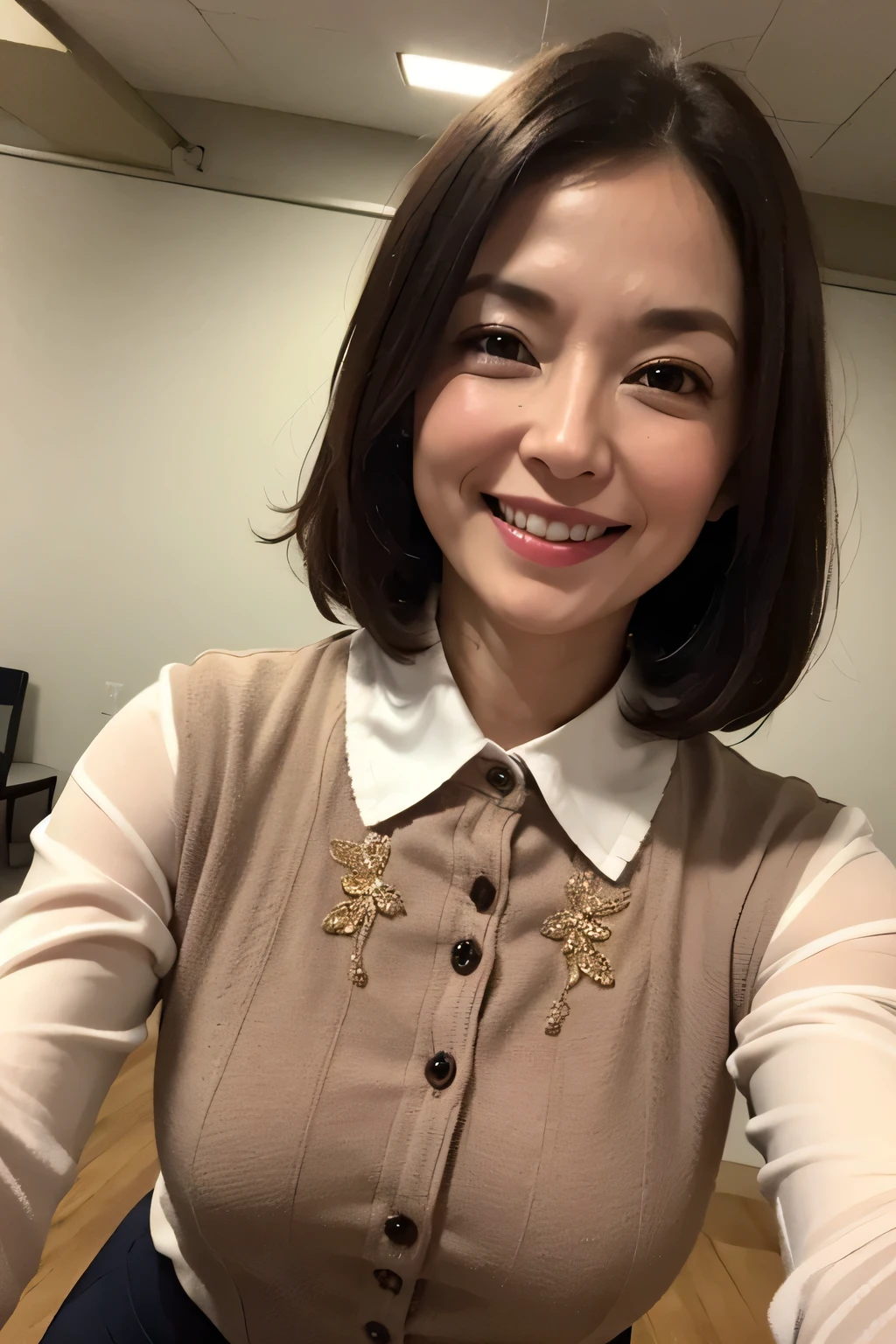 ((masterpiece)), ((Highest quality)), ((Complex)), ((Surreal)), (Realistic), (Mature Woman), ((There are no classes)), Very detailed, (1 female), Beautiful and exquisite, (Beautiful Teeth), Grin, Brunette Bob Hair, Brown eyes, ((blouse)), (Upper Body), (background:none), Perfect Eyes, Captivating eyes, Looking at the audience