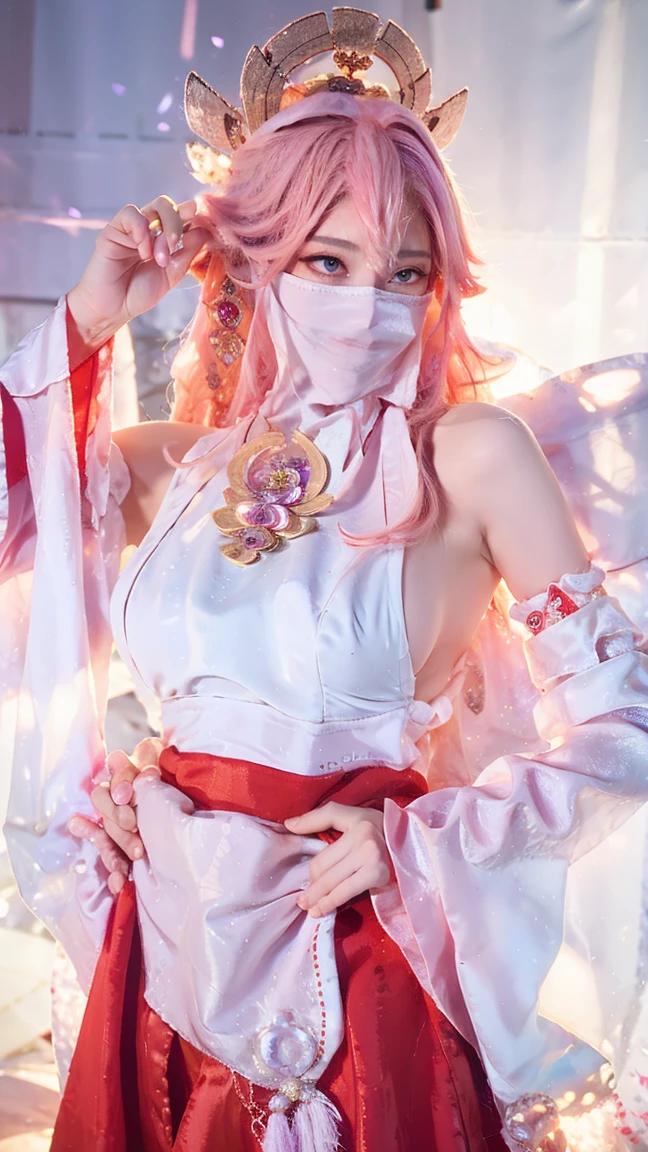(Extremely detailed CG Unity 8K wallpaper, masterpiece, best quality), (ulzzang-6500-v1.1:0.4) 1 Girl, Korean Idol, Yae Miko, Separate sleeves, Pink Hair, Long hair, ,Long skirt,best quality, (Reality:1.2), (Hair accessories:1.35), Jewelry, Fox ears, Wearing a veil, (White Veil, Silk veil:1.2), Purple Eyes, earrings,, Delicate face, Face Focus, (Looking at the audience:1.25), Glowing skin, Long sleeve, Cowboy shooting, Dynamic poses, (Bend forward, Show your armpits, Sexy pose:1.3), Game CG, , indoor, Solid color background, whole body, Elegant Posture, Concentrated expression, Ambient Lighting