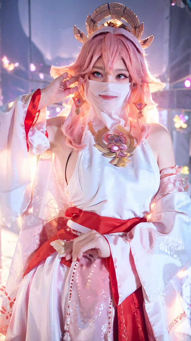 (Extremely detailed CG Unity 8K wallpaper, masterpiece, best quality), (ulzzang-6500-v1.1:0.4) 1 Girl, Korean Idol, Yae Miko, Separate sleeves, Pink Hair, Long hair, ,Long skirt,best quality, (Reality:1.2), (Hair accessories:1.35), Jewelry, Fox ears, Wearing a veil, (White Veil, Silk veil:1.2), Purple Eyes, earrings,, Delicate face, Face Focus, (Looking at the audience:1.25), Glowing skin, Long sleeve, Cowboy shooting, Dynamic poses, (Bend forward, Show your armpits, Sexy pose:1.3), Game CG, , indoor, Solid color background, whole body, Elegant Posture, Concentrated expression, Ambient Lighting
