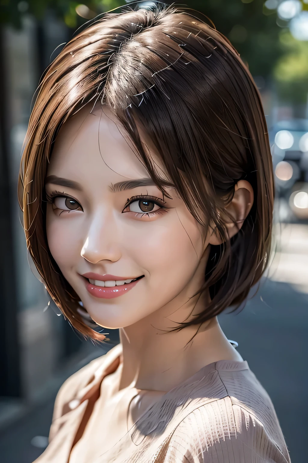 ((masterpiece)), ((Highest quality)), ((Complex)), ((Surreal)), (Realistic), (Mature Woman), ((There are no classes)), Very detailed, (1 female), Beautiful and exquisite, (Beautiful Teeth), Grin, Brunette Bob Hair, Brown eyes, ((blouse)), (Upper Body), (background:none), Perfect Eyes, Captivating eyes, Looking at the audience