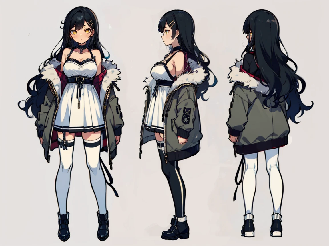 ((three-sided view, front view, side view, back view, multiple views, multiple poses and expressions, many parts)), concept art, character concept art, character sheet, Full body, illustration, (simple background, gray background), 1 character, 1girl, fantasy art, (hui xiyi:0.7), rekkyo sensen, rekkyou sensen, girls with((1girl, solo, black hair, yellow eyes, (wavy long hair, hairclips:1.5), blush, breasts, choker, cleavage, coat, cowboy shot, white lace dress, ribbon waist belt, collar, collarbone, rosary, rosary choker, cross, full back, fur, fur trim, parka, khaki hoodie, green hoodie, hood down, hooded coat, hooded jacket, hoodie, jacket, large breasts, long sleeves, medium breasts, open clothes, open coat,open hoodie, sleeveless, winter clothes, zipper, cleavage, (white legwear, thighhighs, single thighhighs, single legwear, black footwear, strap shoes:1.42))