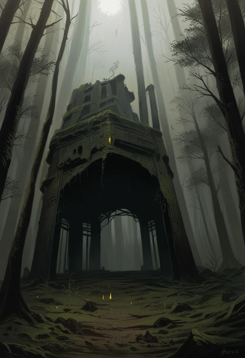 enormous anaconda, eerie misty forest, ominous atmosphere, massive open jaws, razor sharp teeth, glowing yellow eyes, dark greens and browns, oil painting texture, 17th century Dutch masters inspired, dramatic lighting, twisted roots, abandoned temple, moss-covered ancient stones, sinister vibe, misty fog