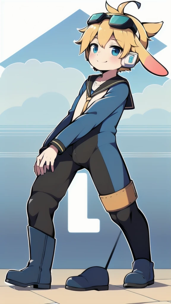 2D Shonen Shota，One-piece suit，Slim, healthy body，Put the headphones on your head，stand up，goggles，Rabbit ears，Happy，Sailor collar，boots，charming，Akimbo