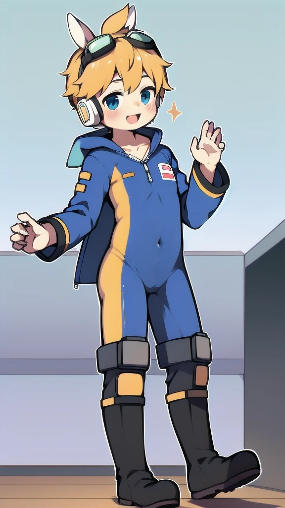 2D Shonen Shota,One-piece suit,Slim, healthy body,Put the headphones on your head,stand up,goggles,Rabbit ears,Happy,Sailor collar,boots,charming,Akimbo