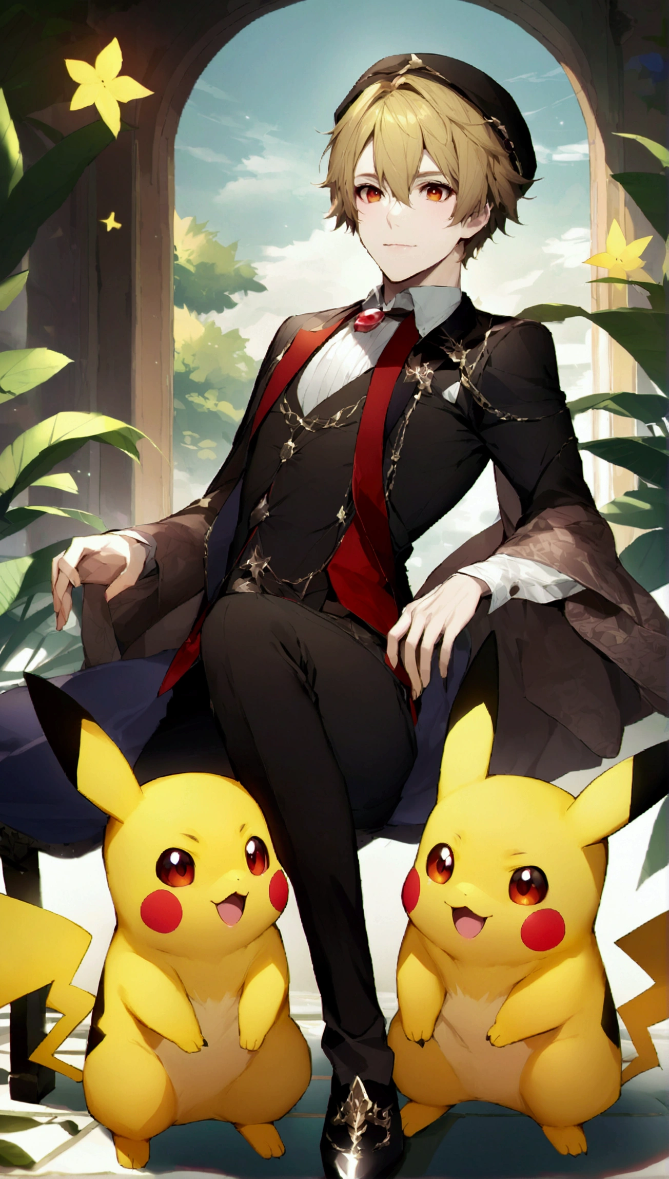 Create an image of Pikachu, Make him an adult、Cute boy and Pikachu、high resolution、beautiful